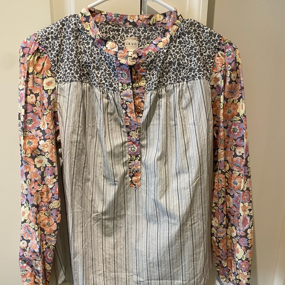 Rebecca Taylor La Vie Print Mix Poplin Top in Slate Combo - Brand new with tags